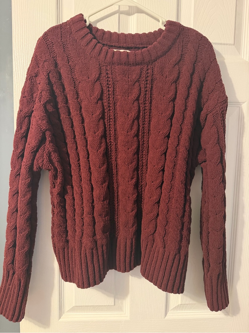 Cable Knit Crewneck Sweater in Deep Burgundy